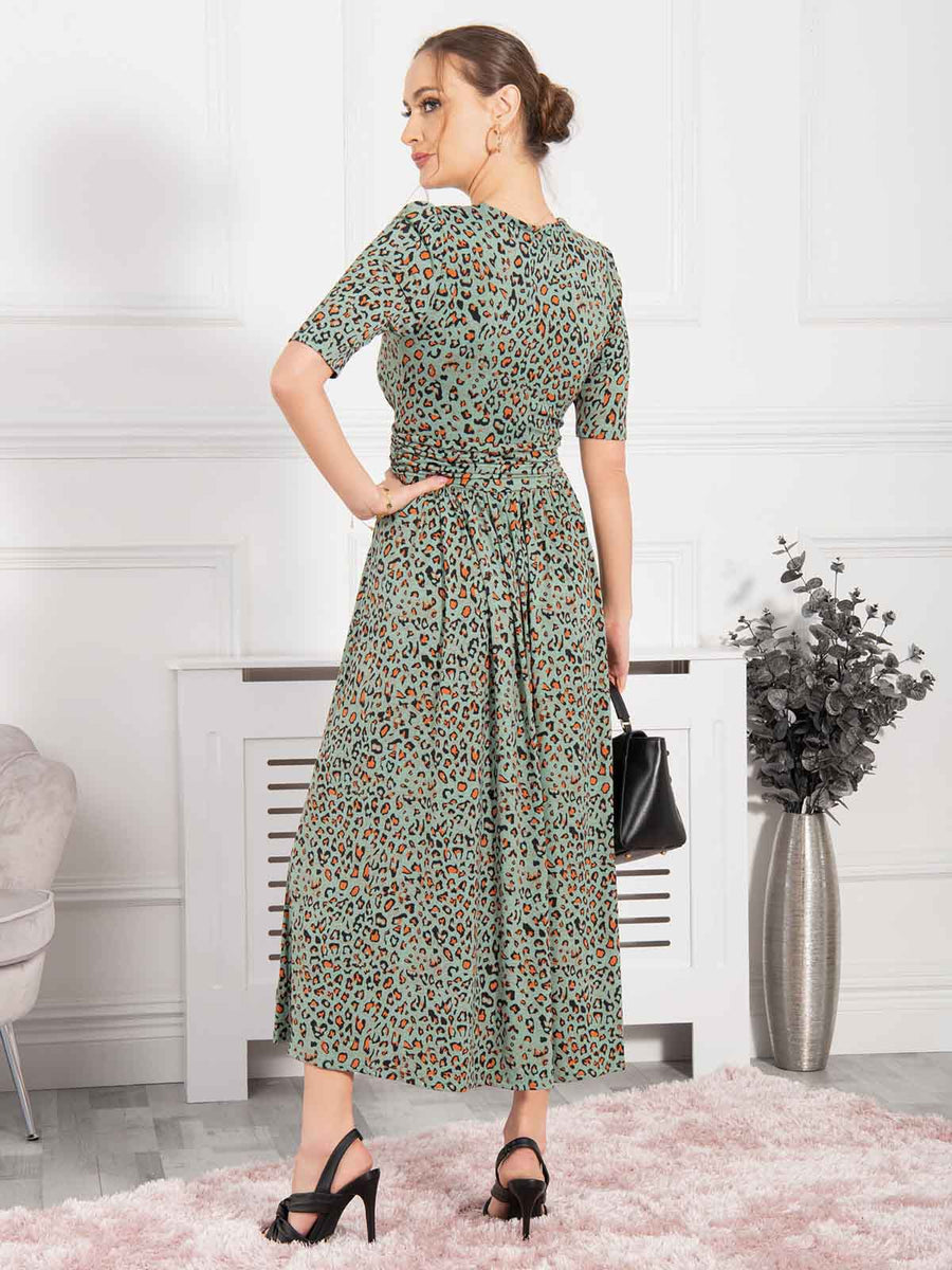 Denise Olive Green Leopard Wrap Midi ...